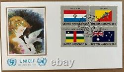 Couvertures des premiers jours de l'ONU avec des timbres drapeaux 1980-1984, 1986, 1989 UNICEF.