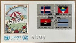 Couvertures des premiers jours de l'ONU avec des timbres drapeaux 1980-1984, 1986, 1989 UNICEF.