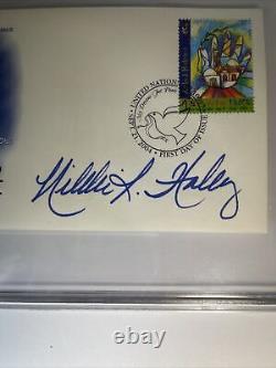 Nikki Haley a signé la première enveloppe du jour FDC Donald Trump, Beckett BAS COA Slabbed.